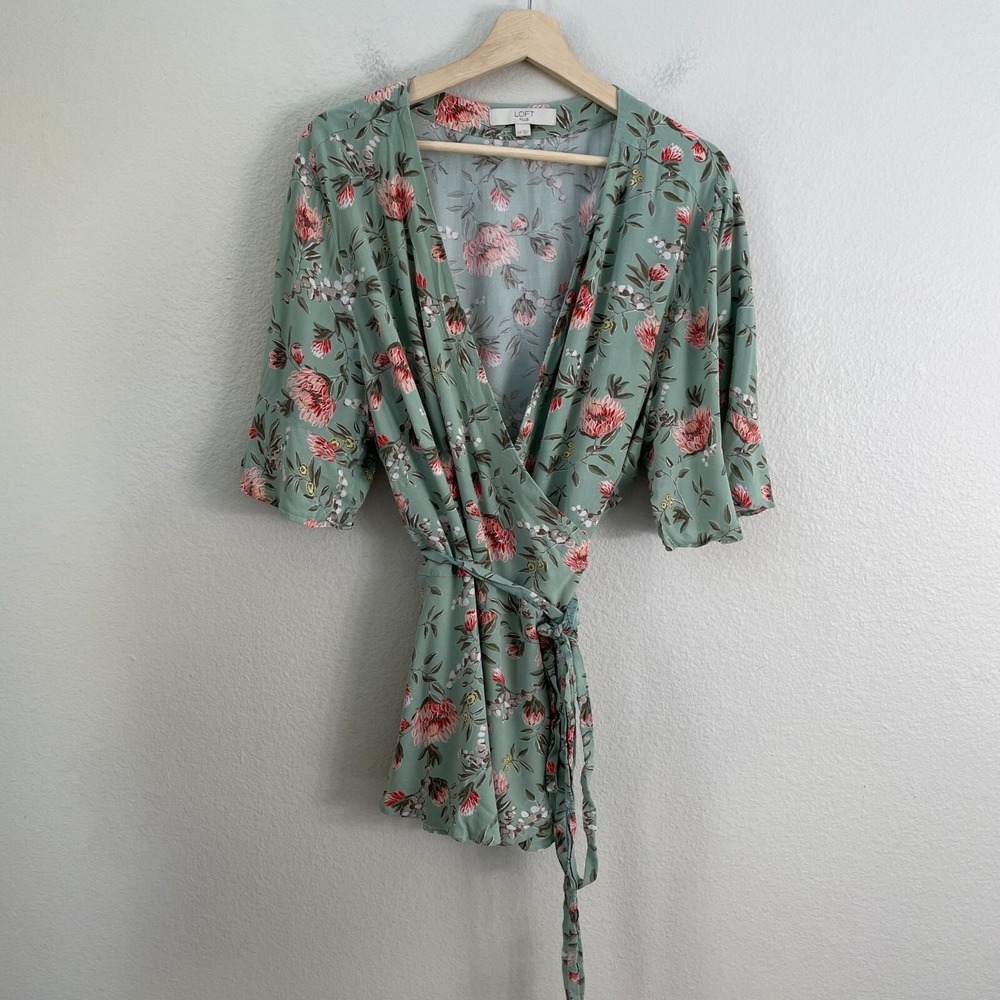 Loft Womens Plus 24‎ Floral Wrap Top Green Pink Short Sleeve Blouse Shirt